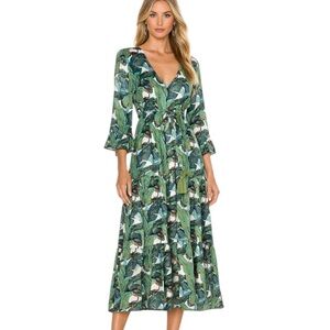NWT Mary Marshmallow Cotton Anna Tropical Palm Midi Dress Green Size XS